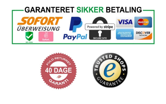 billede af forskellige betalingskort herunder visa mastercard american express men man kan også betale med Paypall og andre betalings systemer. trusted shops certificat og 40 dages returret for alle produkter.